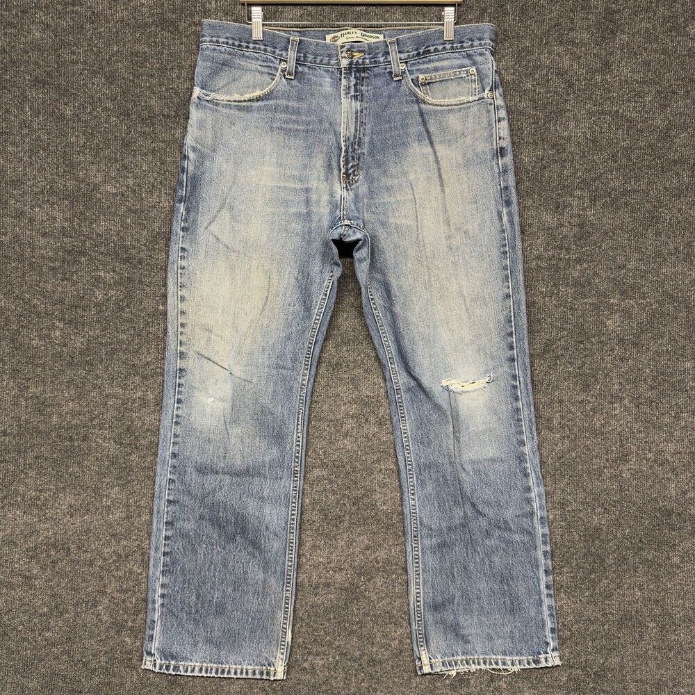 Harley Davidson Blue Denim Jeans Men 36x32 Straight Leg Y2K Biker Distressed